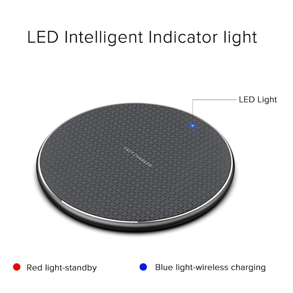 Round ultra-thin aluminium alloy wireless charger with Micro USB, LED indicator, black or grey.