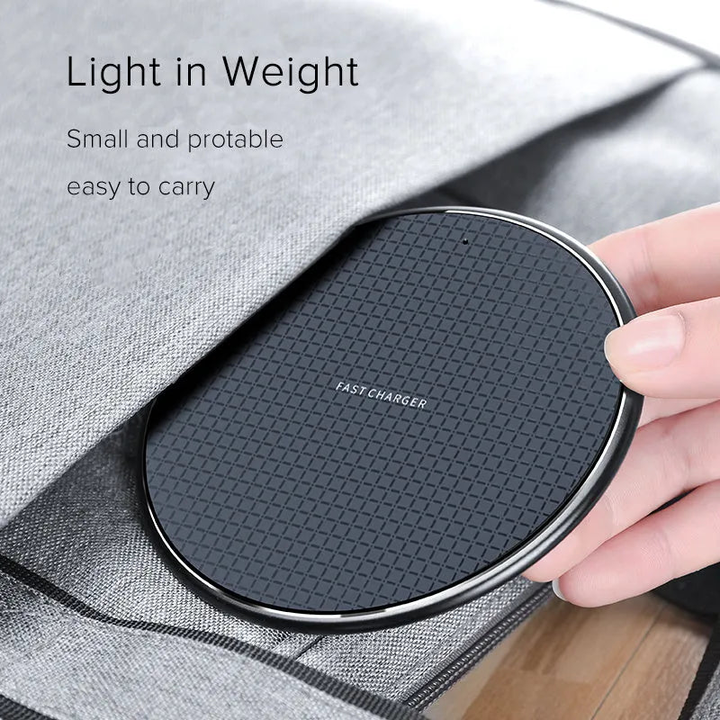 Round ultra-thin aluminium alloy wireless charger with Micro USB, LED indicator, black or grey.
