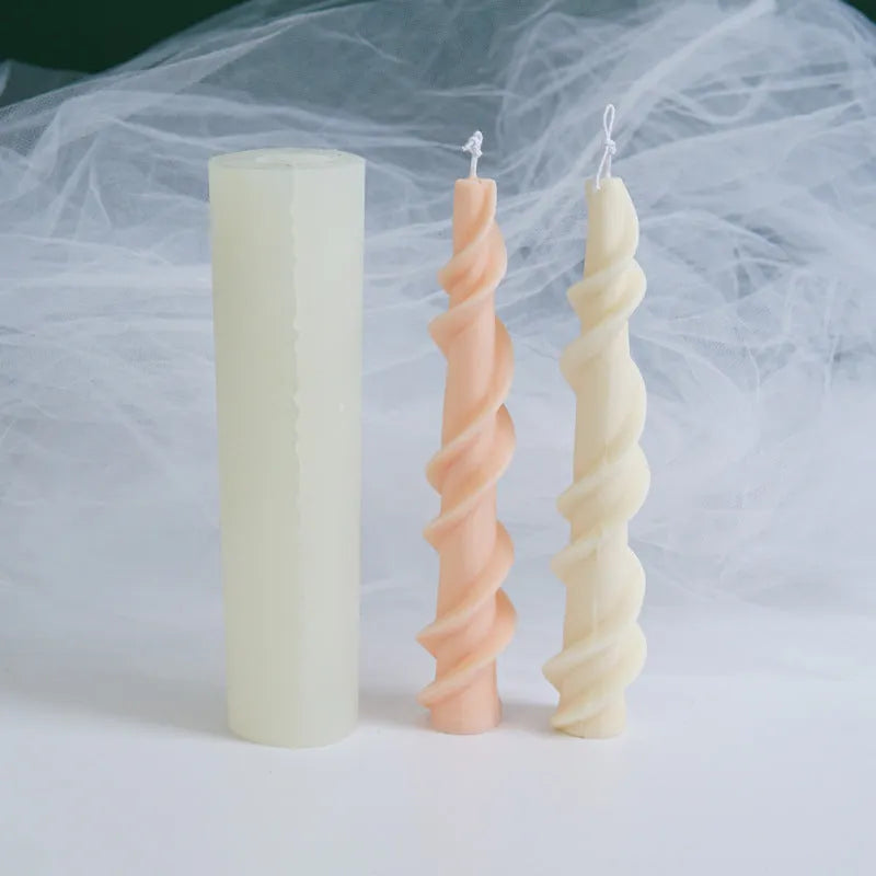 Handmade spiral lace rod silicone candle mould for creating textured decorative candles.