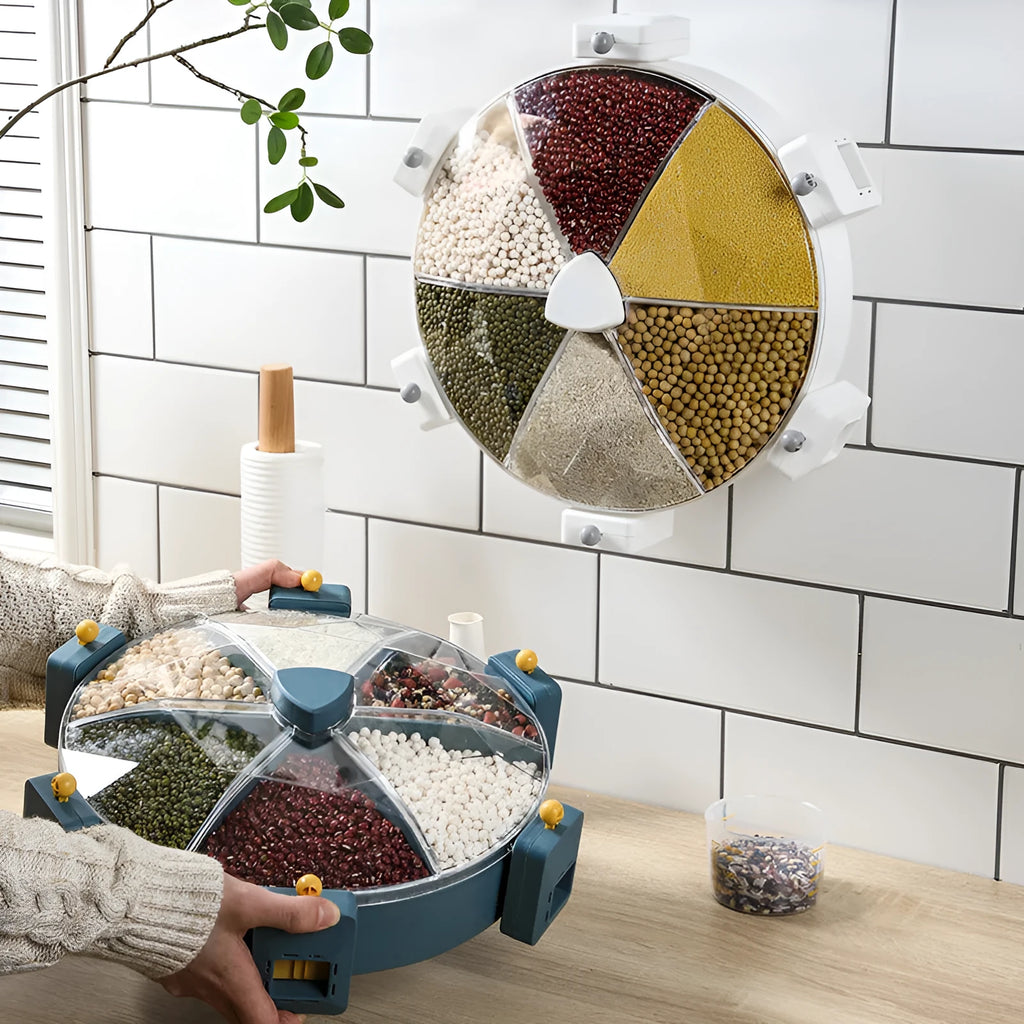 Wall-mounted rotating grain dispenser with six compartments for dry food storage in blue-yellow colour