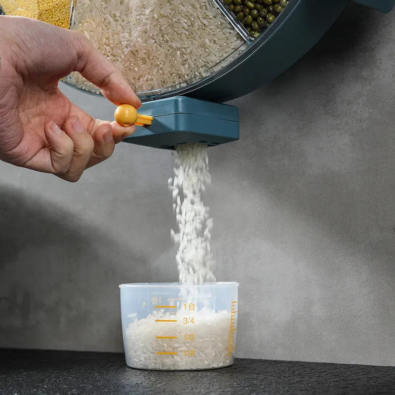 Wall-mounted rotating grain dispenser with six compartments for dry food storage in blue-yellow colour