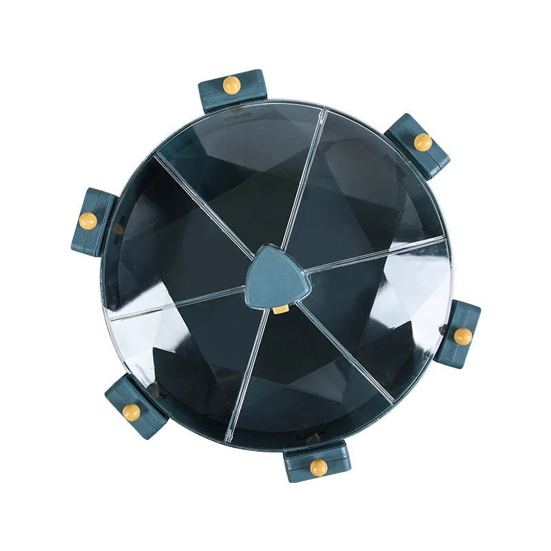 Wall-mounted rotating grain dispenser with six compartments for dry food storage in blue-yellow colour