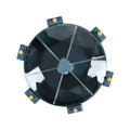 Wall-mounted rotating grain dispenser with six compartments for dry food storage in blue-yellow colour