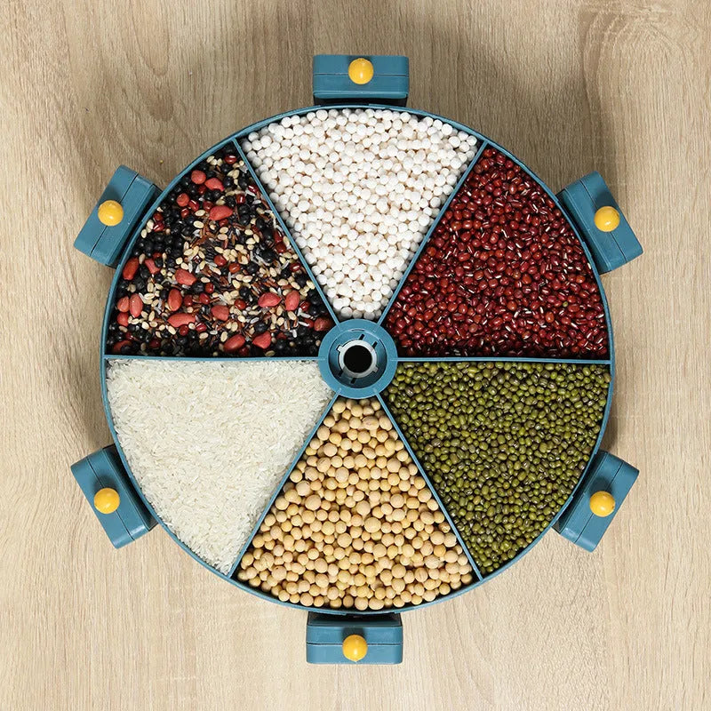 Wall-mounted rotating grain dispenser with six compartments for dry food storage in blue-yellow colour