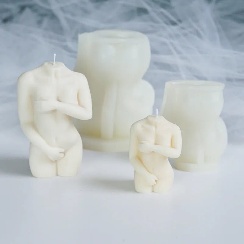 Silicone shy female body candle mould shown in three different pose styles for craft projects.