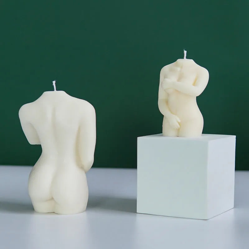 Silicone shy female body candle mould shown in three different pose styles for craft projects.