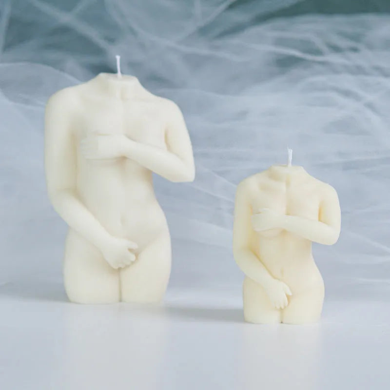 Silicone shy female body candle mould shown in three different pose styles for craft projects.
