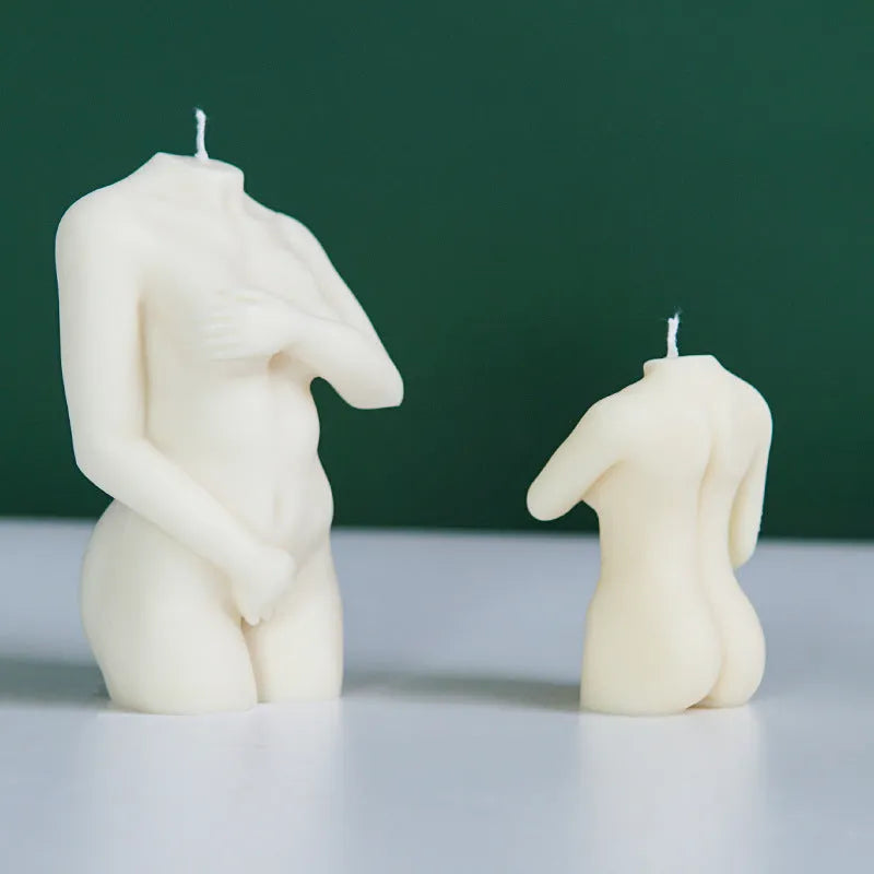 Silicone shy female body candle mould shown in three different pose styles for craft projects.