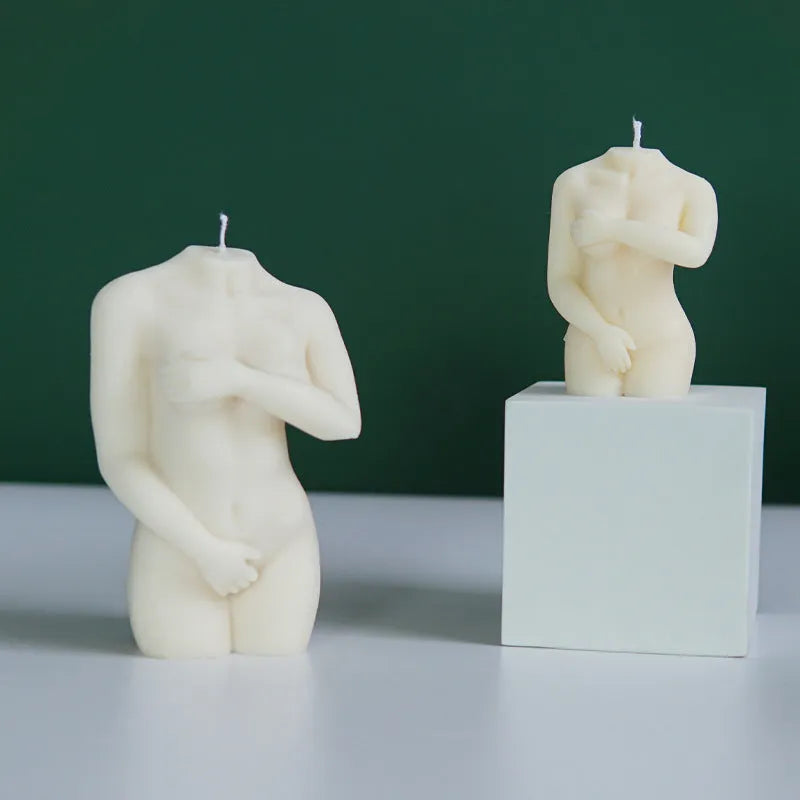 Silicone shy female body candle mould shown in three different pose styles for craft projects.