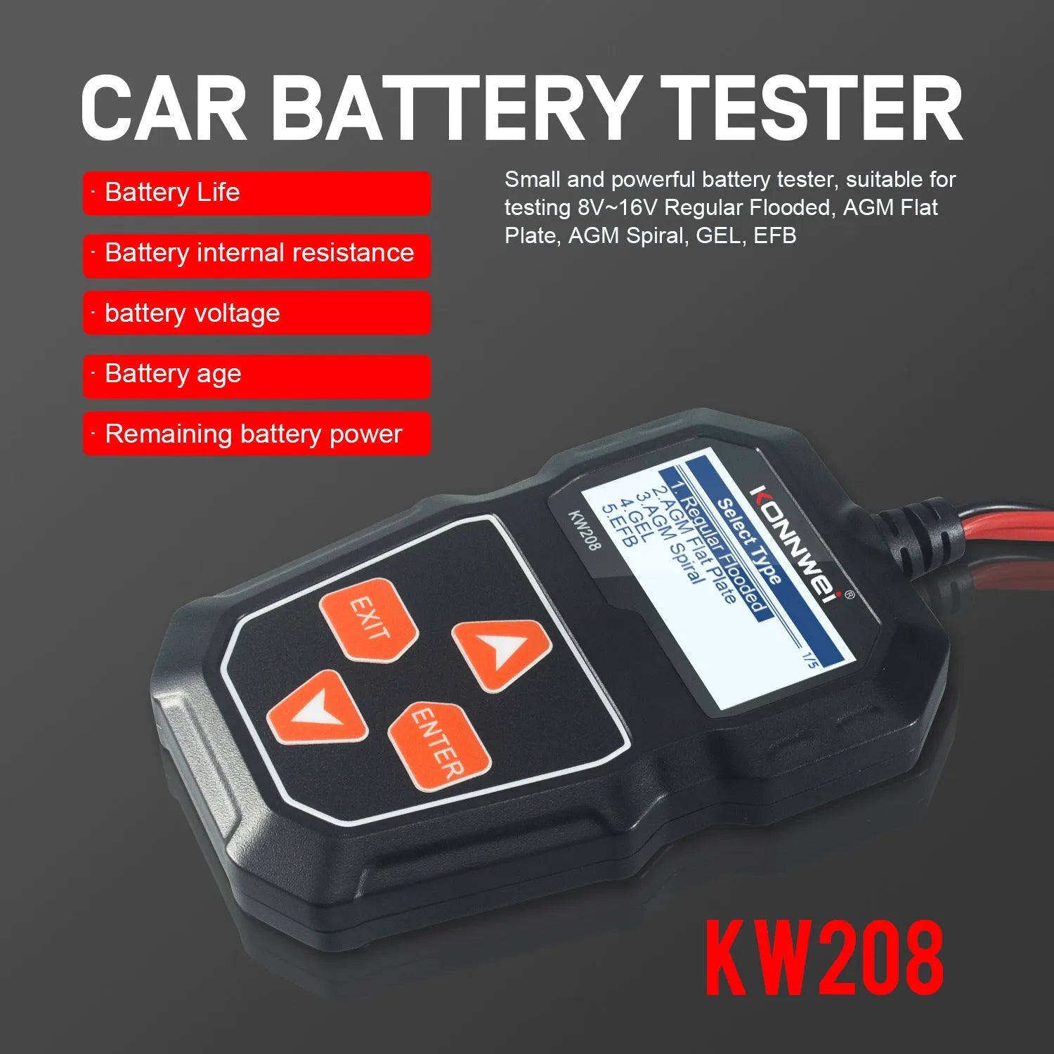 KONNWEI KW208 black car battery tester with LCD screen and cables for 12V voltage and CCA analysis