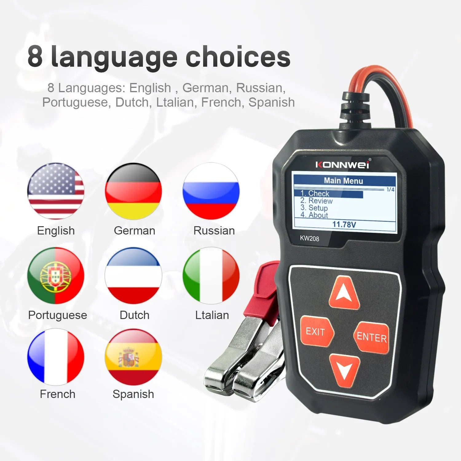 KONNWEI KW208 black car battery tester with LCD screen and cables for 12V voltage and CCA analysis