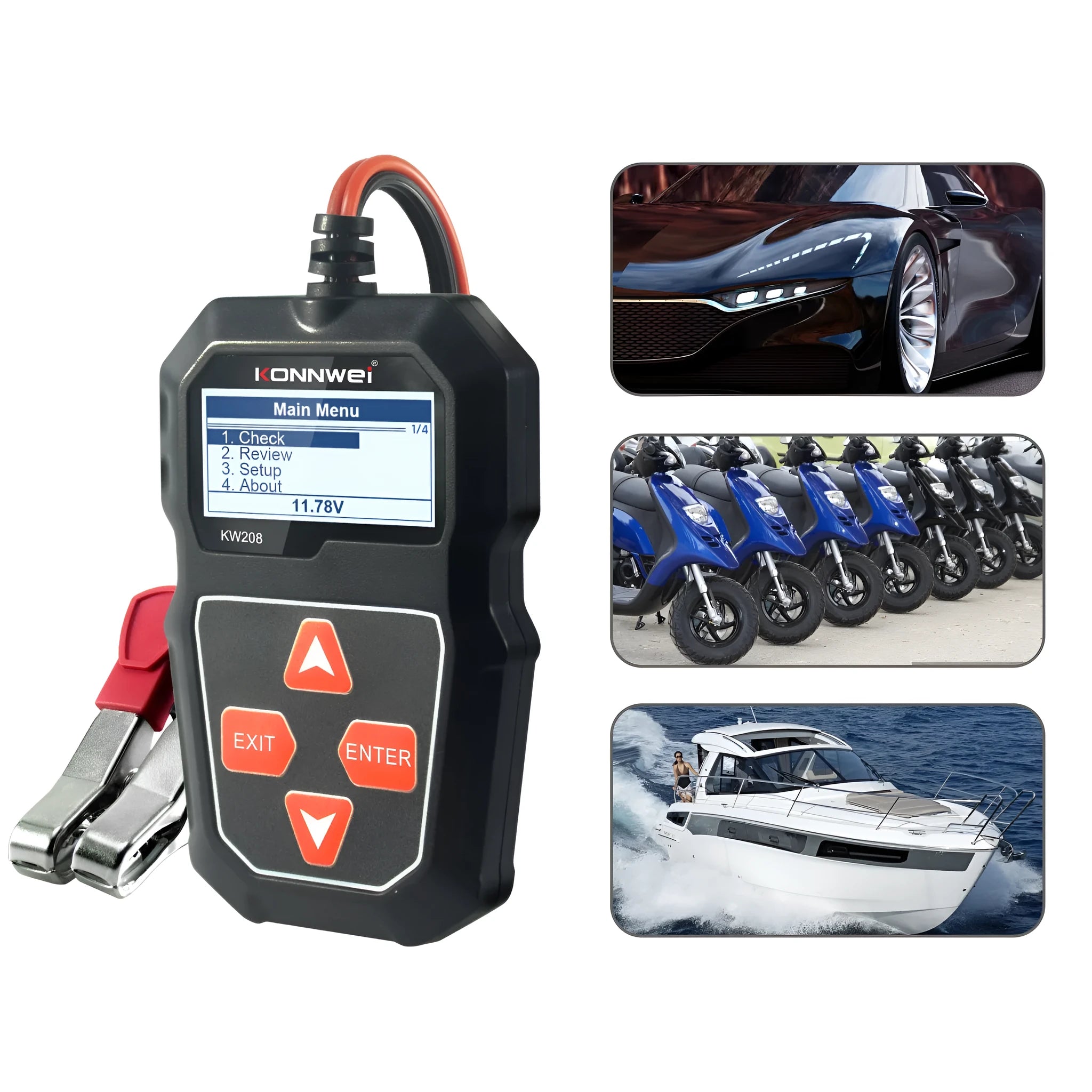 KONNWEI KW208 black car battery tester with LCD screen and cables for 12V voltage and CCA analysis