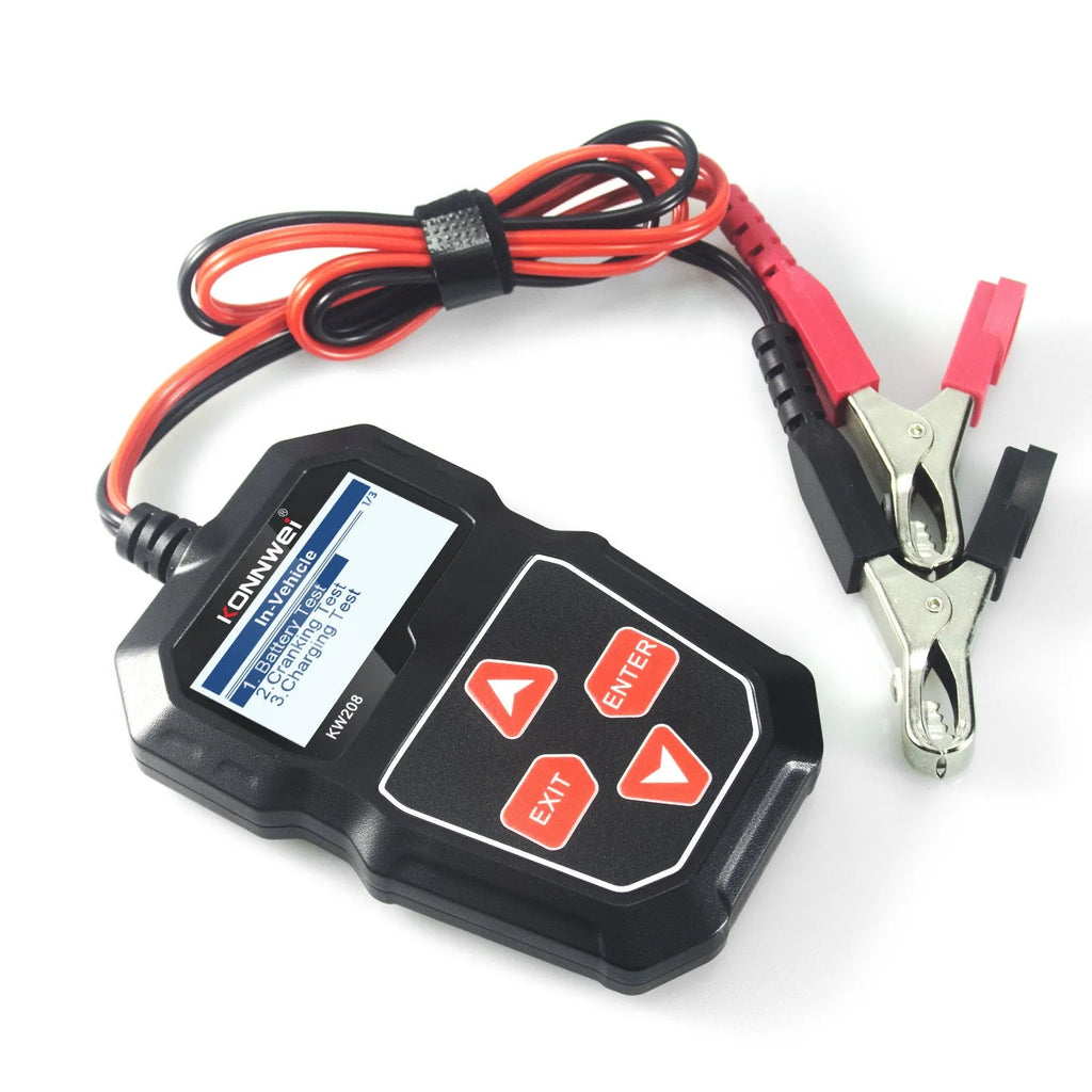 KONNWEI KW208 black car battery tester with LCD screen and cables for 12V voltage and CCA analysis