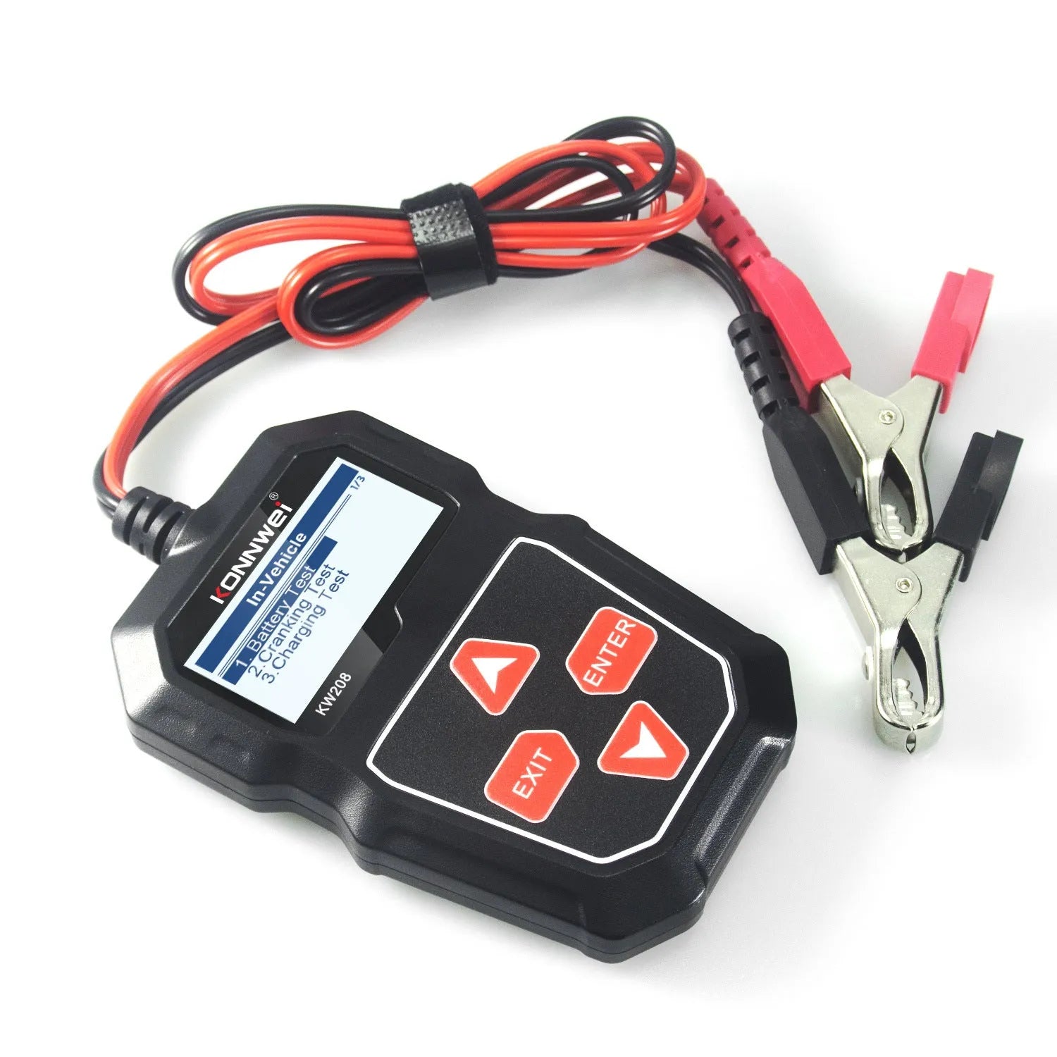 KONNWEI KW208 black car battery tester with LCD screen and cables for 12V voltage and CCA analysis