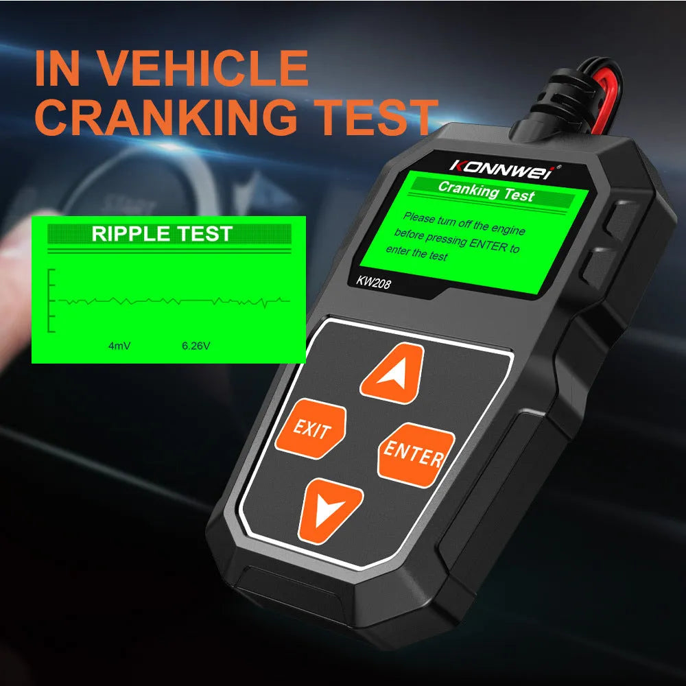 KONNWEI KW208 black car battery tester with LCD screen and cables for 12V voltage and CCA analysis