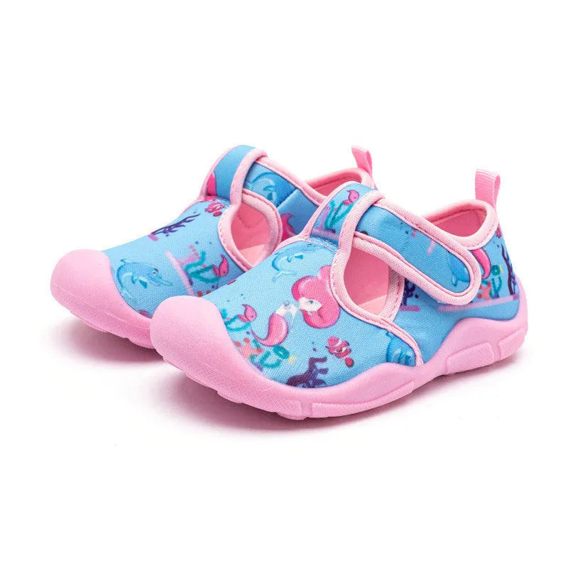 Casual breathable boys beach shoes with woven cloth upper and Velcro fastening in blue and yellow