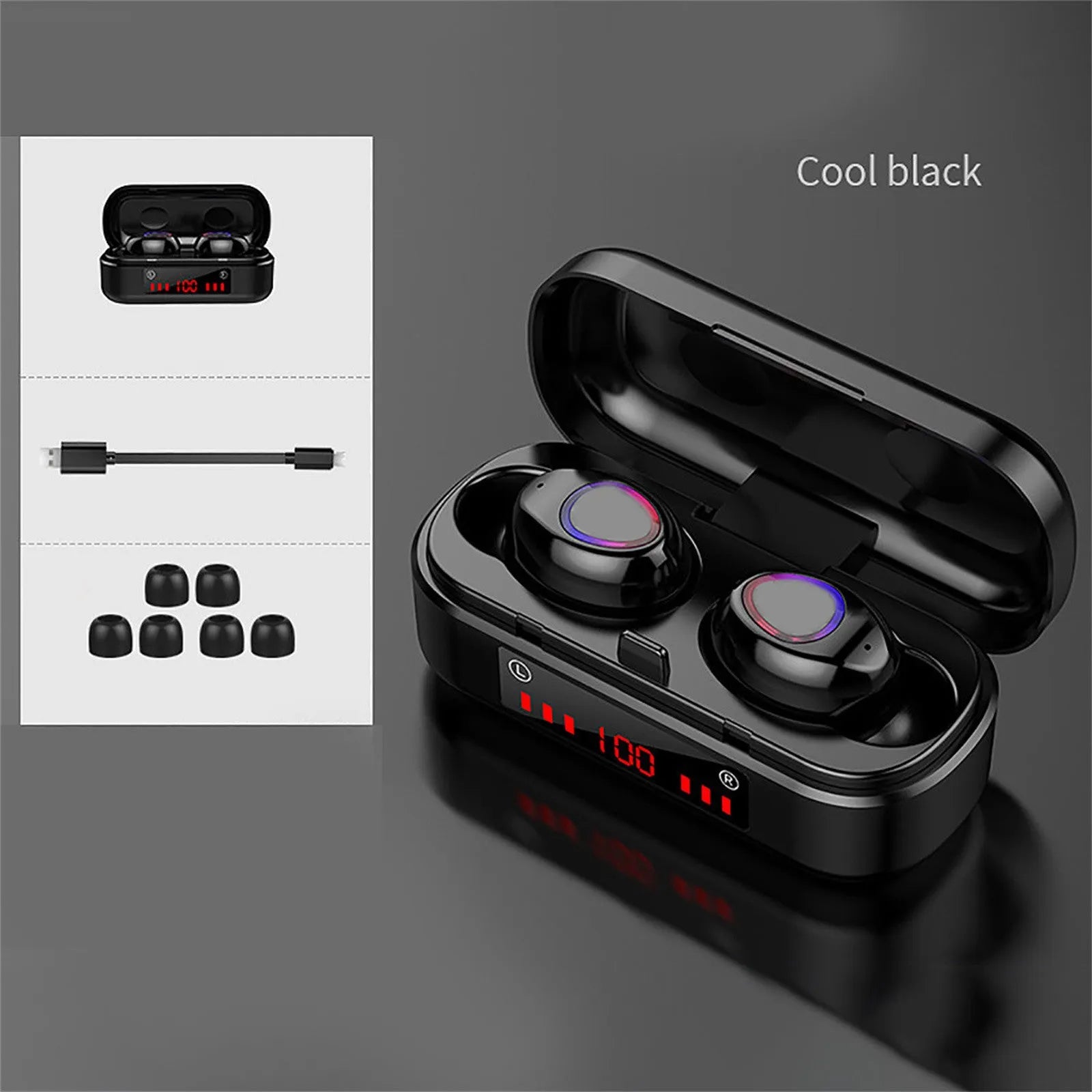 V7 LED button version wireless Bluetooth headset with charging case and spare ear caps