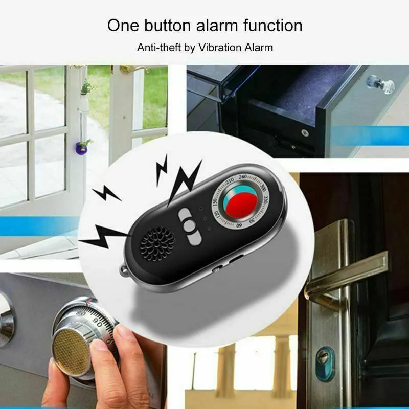 Compact black wireless signal detector with vibration alarm for anti-theft security.