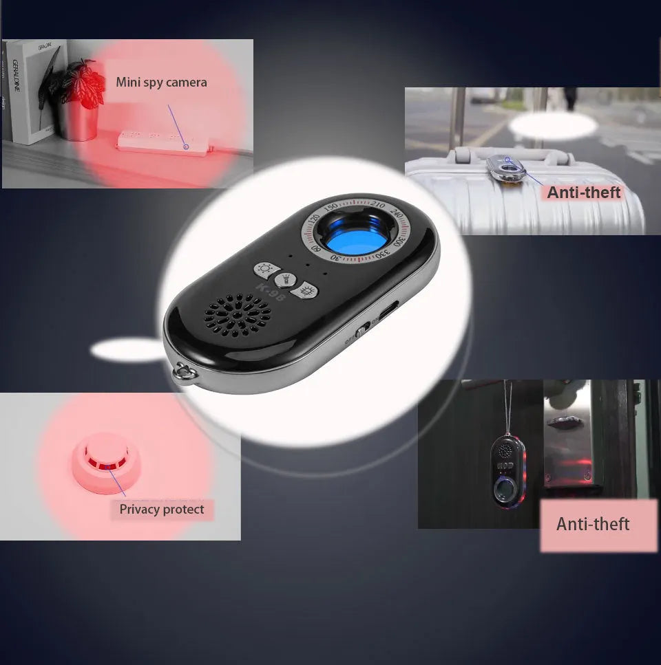 Compact black wireless signal detector with vibration alarm for anti-theft security.