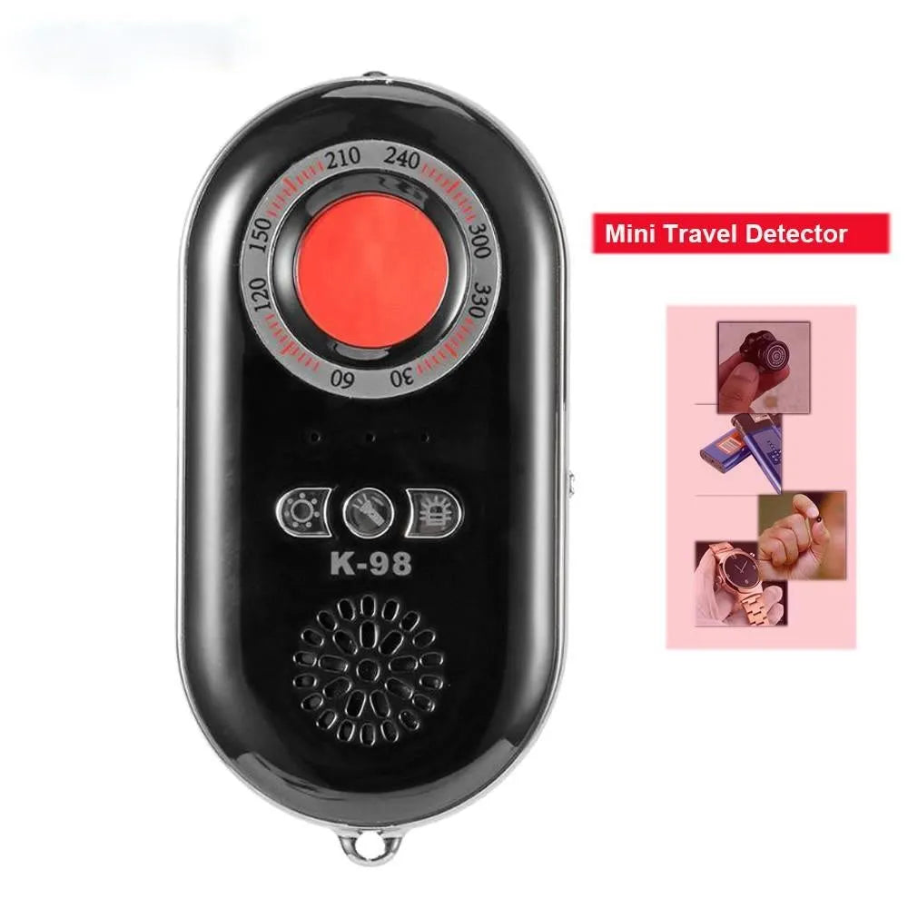Compact black wireless signal detector with vibration alarm for anti-theft security.
