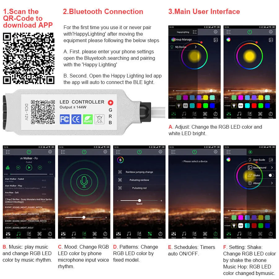24-key mini Bluetooth RGB controller with DC head for 5050 LED light bars, 5-24V input.