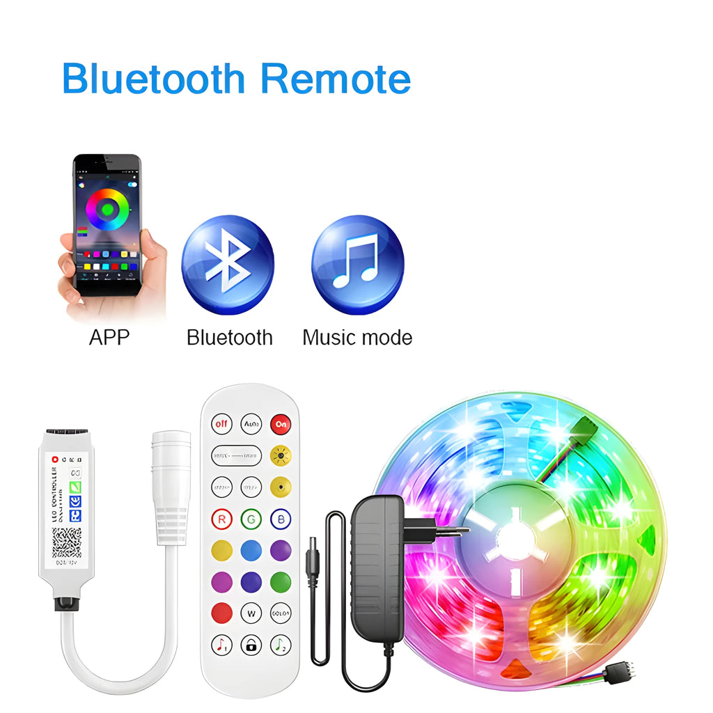 24-key mini Bluetooth RGB controller with DC head for 5050 LED light bars, 5-24V input.