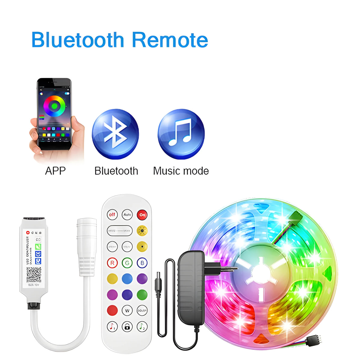 24-key mini Bluetooth RGB controller with DC head for 5050 LED light bars, 5-24V input.