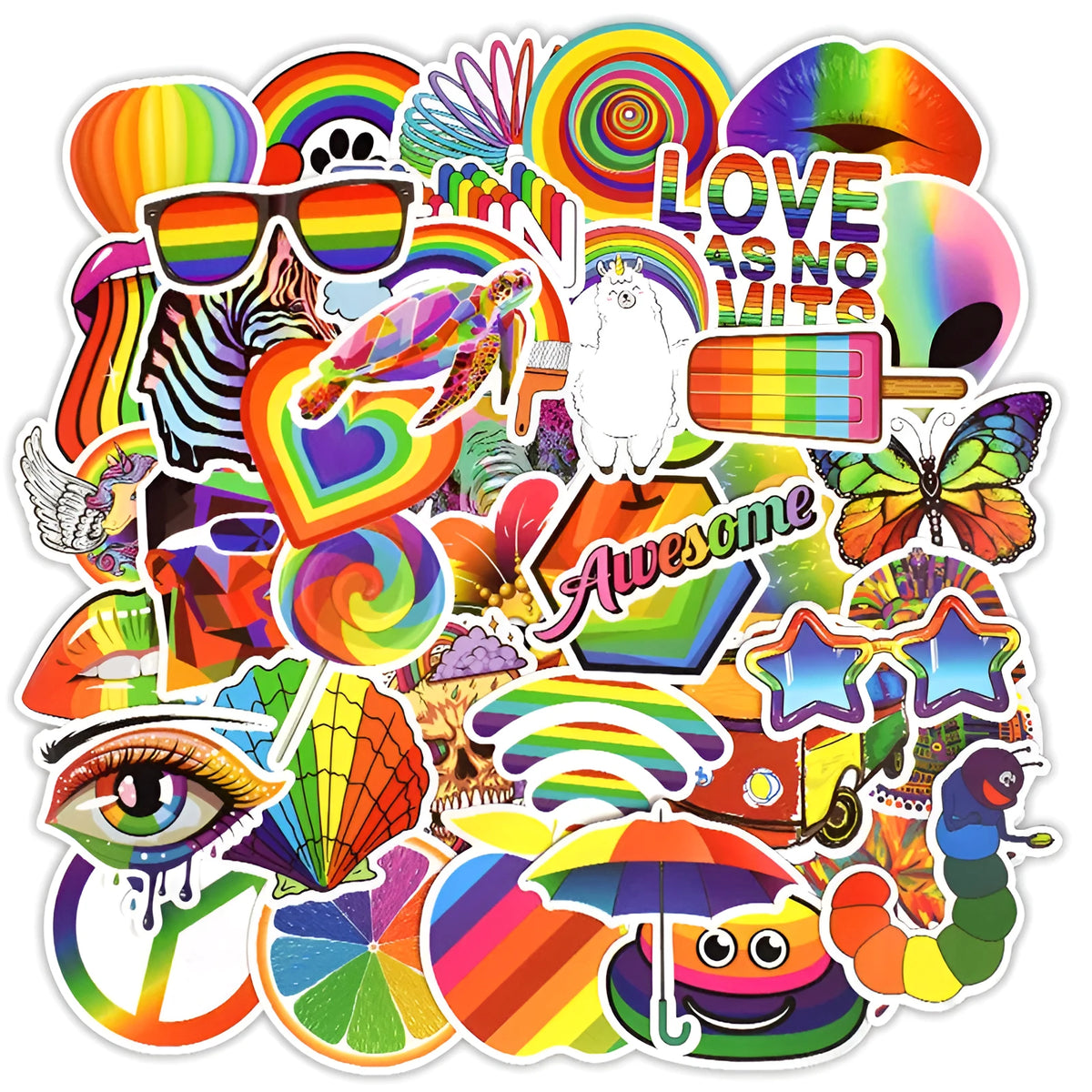 Pack of 50 rainbow self-adhesive sticker sheets with no repeats for laptops and crafts