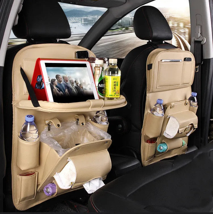 PU leather car seat back storage organiser with multiple pockets and built-in trash can in six colour options