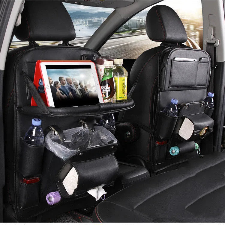 PU leather car seat back storage organiser with multiple pockets and built-in trash can in six colour options