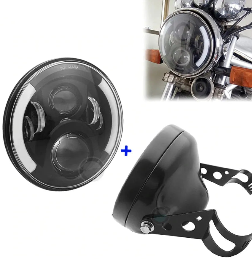 7 inch round LED headlight with angel eyes, black die-cast aluminium housing, polycarbonate lens, 6500K colour temperature