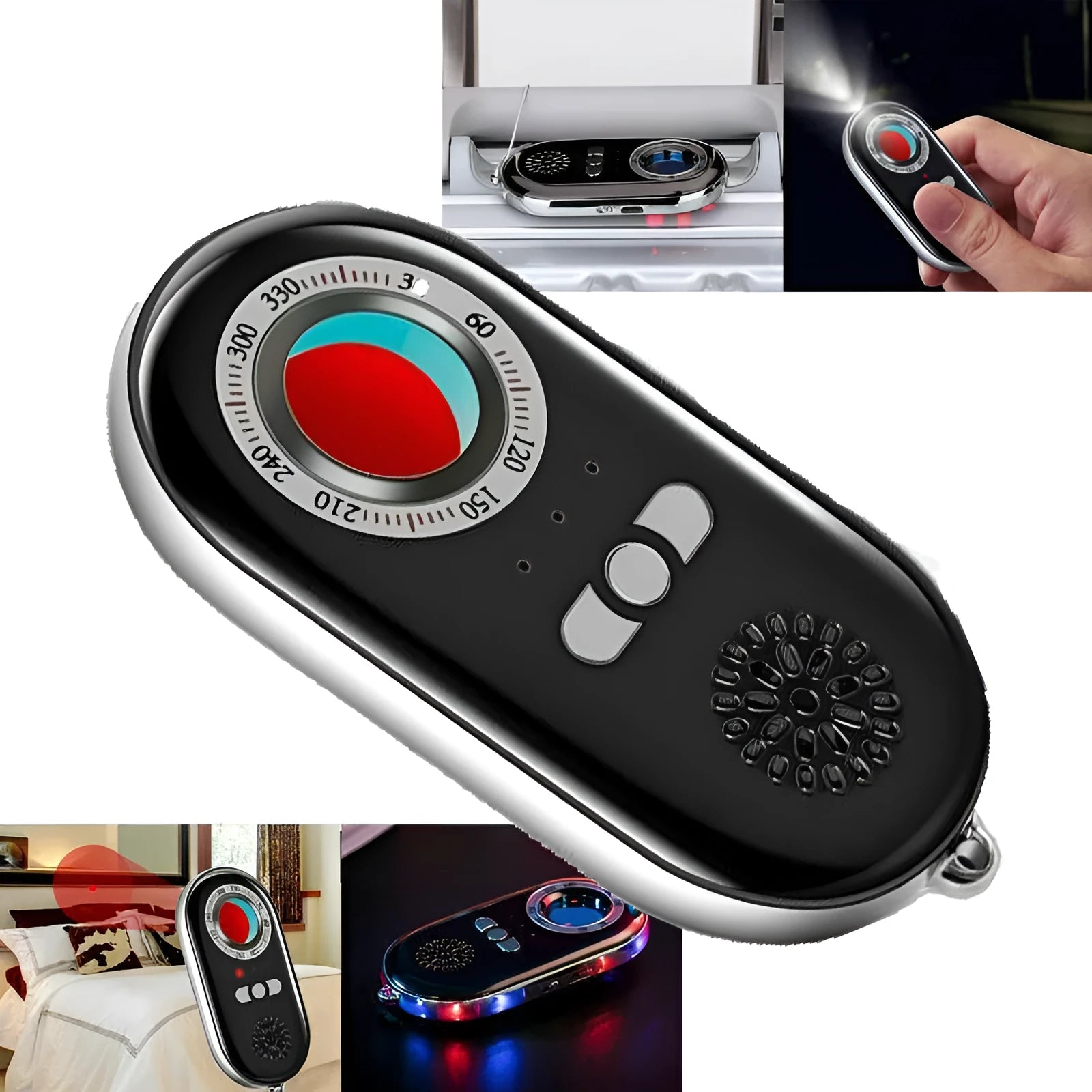 Compact black wireless signal detector with vibration alarm for anti-theft security.