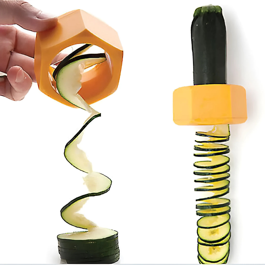 Yellow and green plastic spiral vegetable cutter for slicing cucumbers on a kitchen worktop.