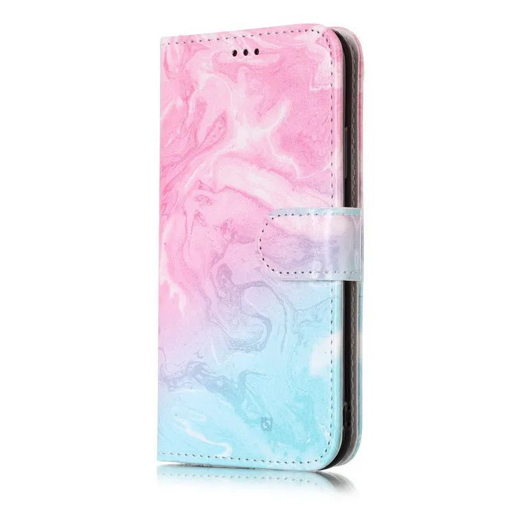 Cartoon marble animal pattern flip wallet phone case for iPhone in PU leather style.