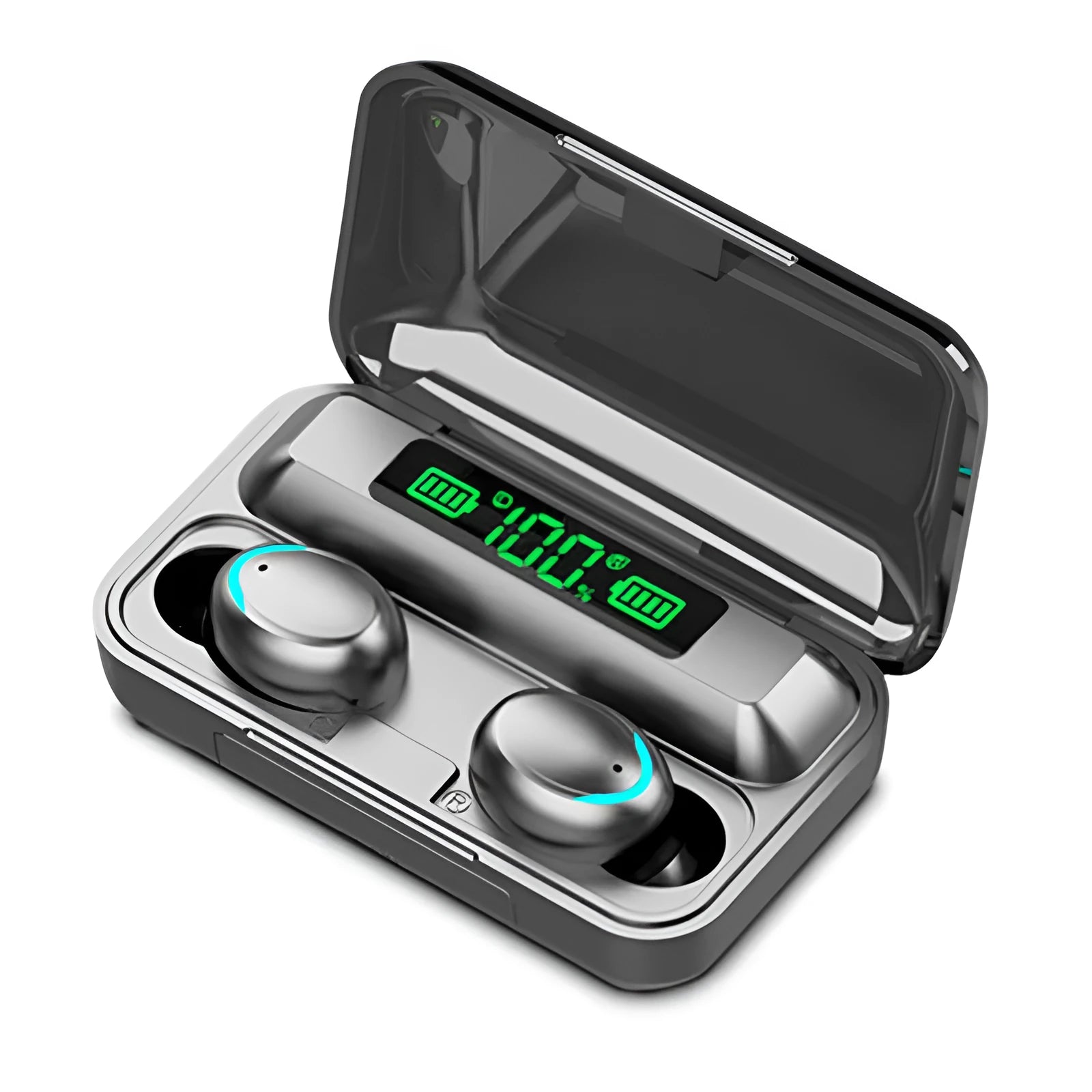 Black TWS Bluetooth earbuds in charging case with battery display on front