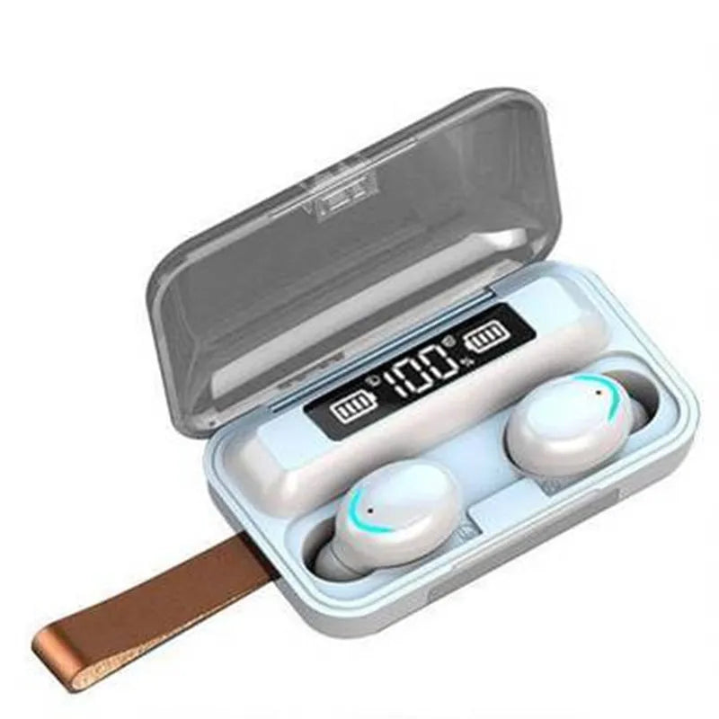Black TWS Bluetooth earbuds in charging case with battery display on front