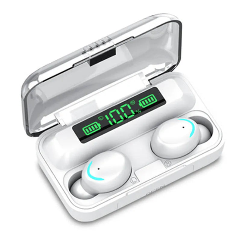 Black TWS Bluetooth earbuds in charging case with battery display on front