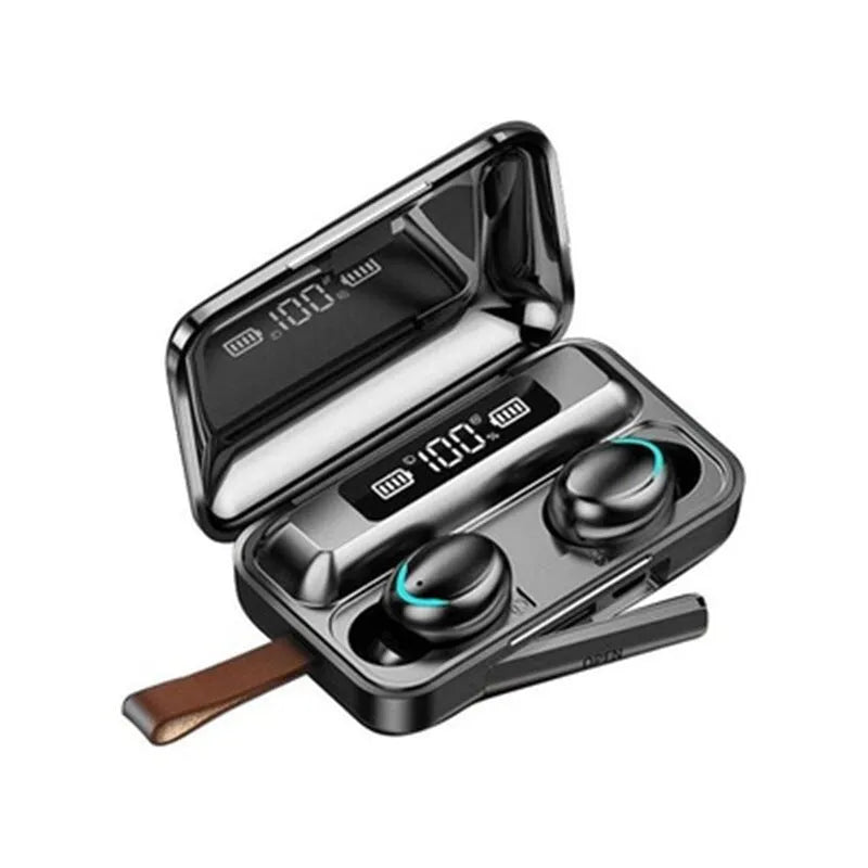 Black TWS Bluetooth earbuds in charging case with battery display on front