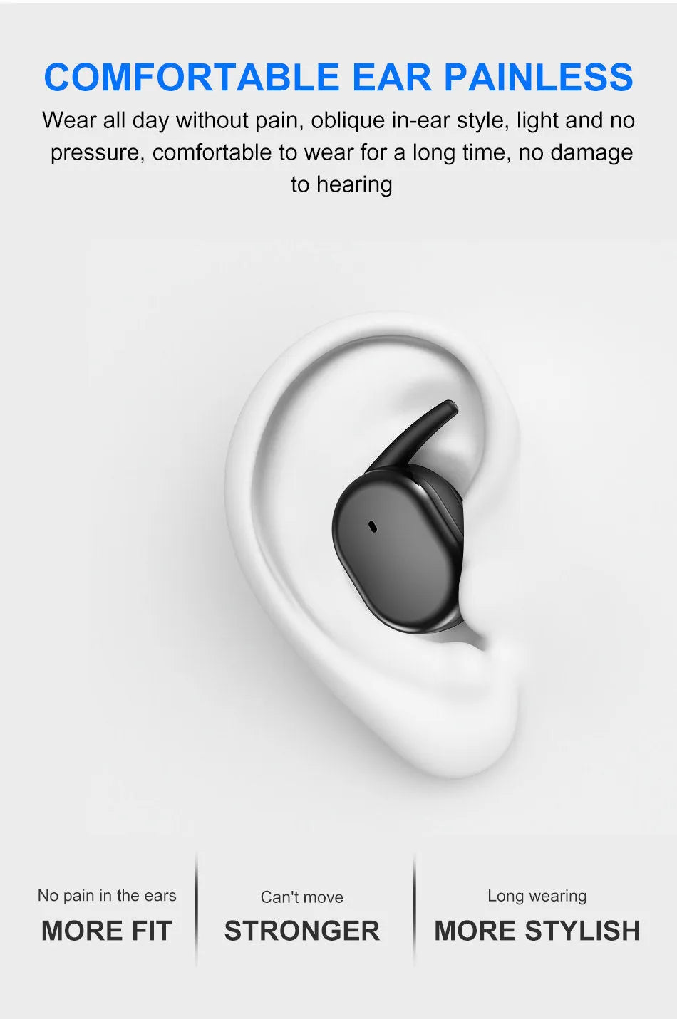 Black wireless Bluetooth headset with earplug fit and touch controls
