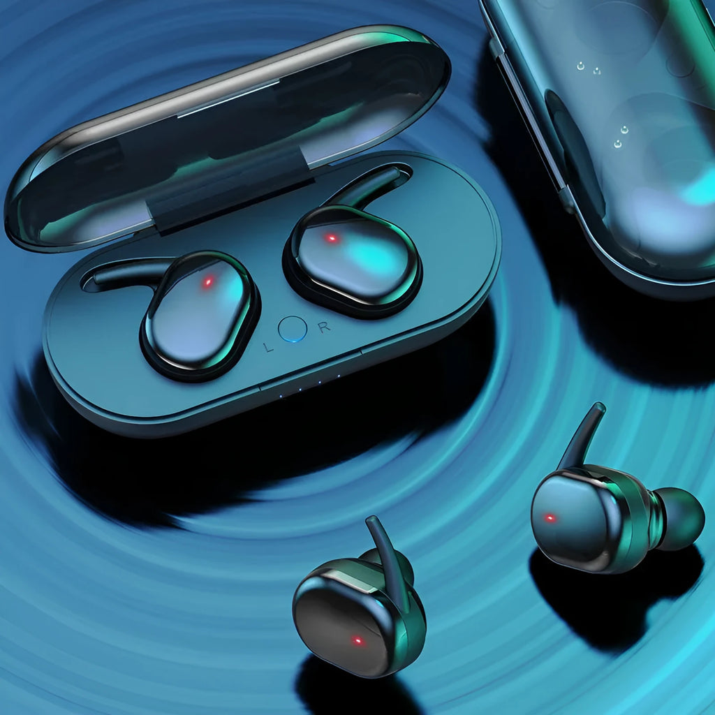 Black wireless Bluetooth headset with earplug fit and touch controls