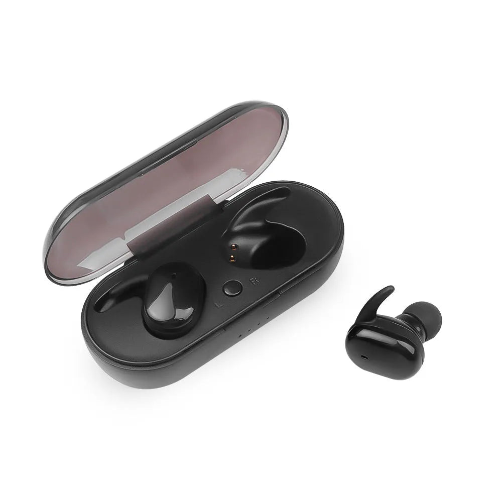Black wireless Bluetooth headset with earplug fit and touch controls