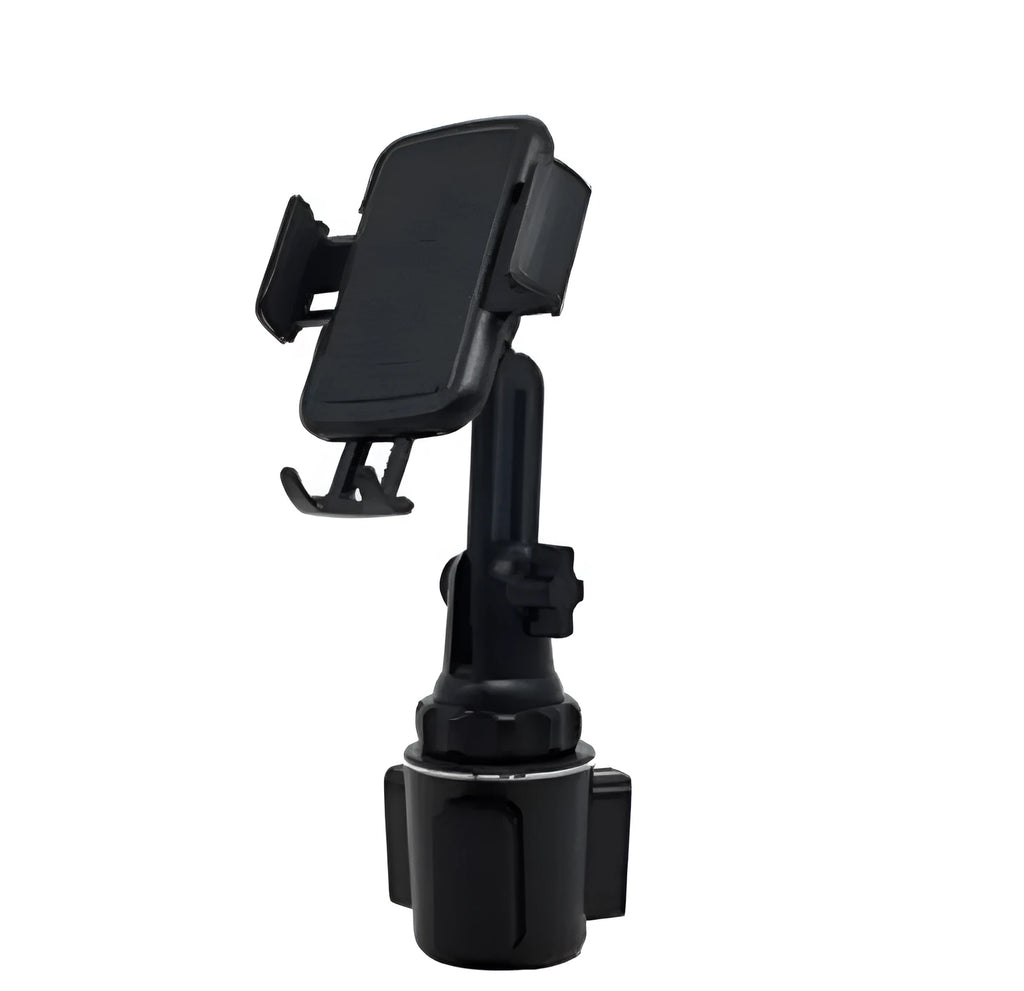 Black ABS car phone holder with 360-degree rotating head on a clip mount.