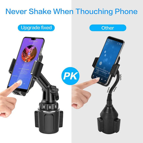 Black ABS car phone holder with 360-degree rotating head on a clip mount.
