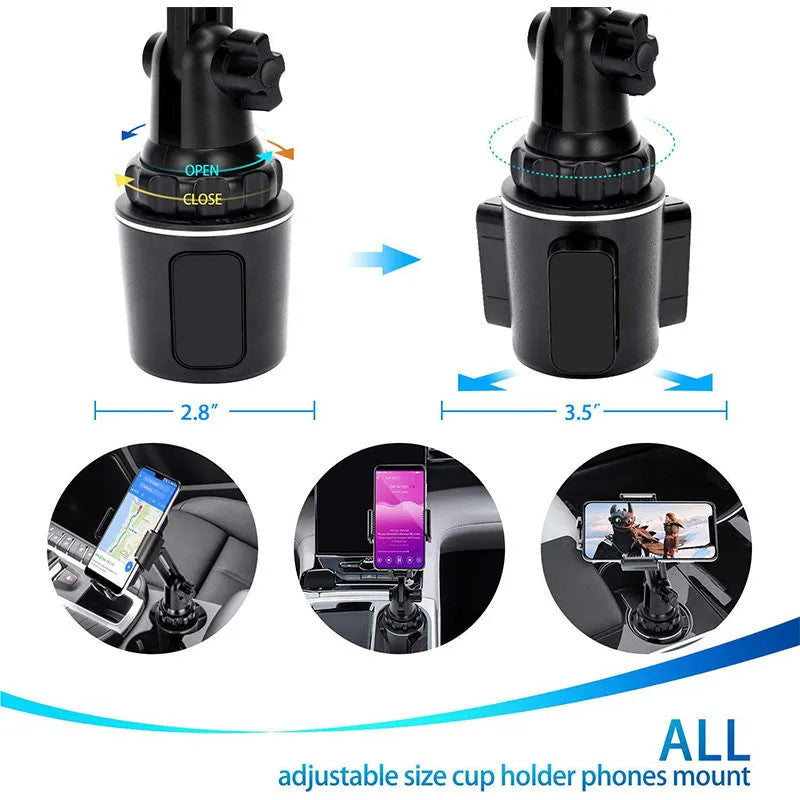 Black ABS car phone holder with 360-degree rotating head on a clip mount.