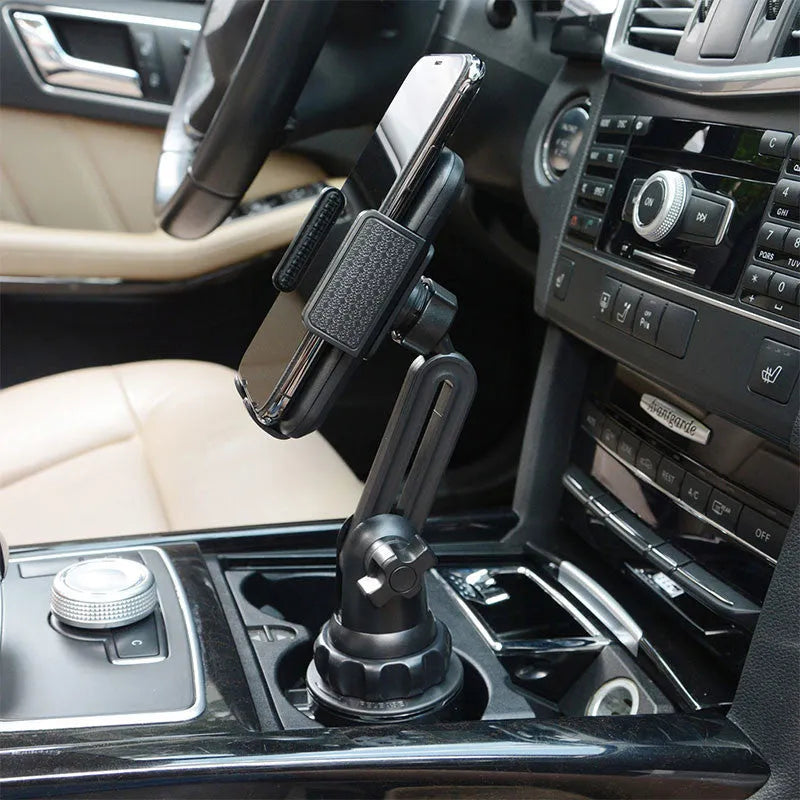 Black ABS car phone holder with 360-degree rotating head on a clip mount.