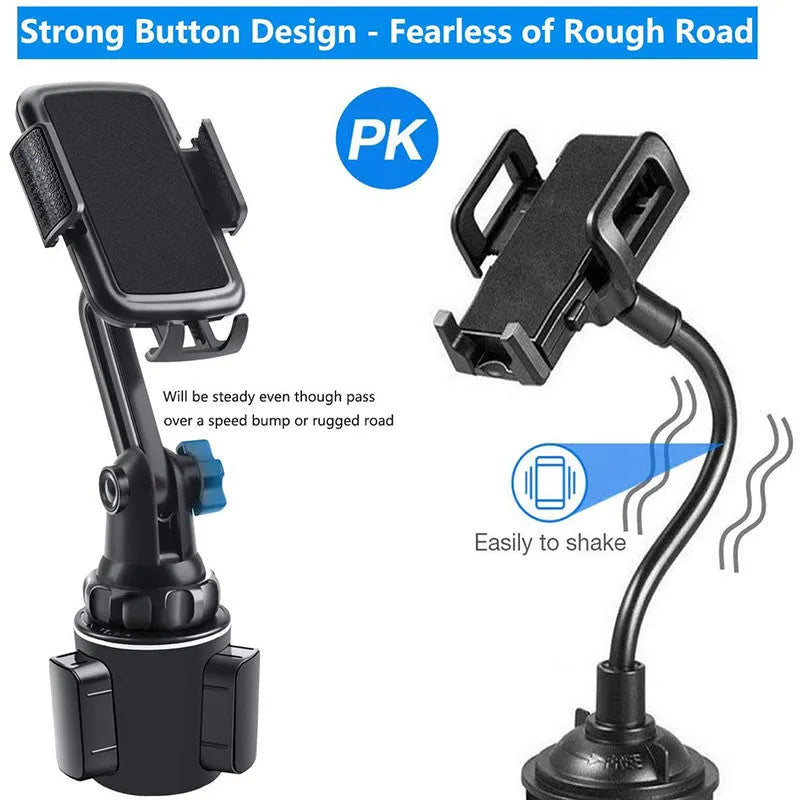 Black ABS car phone holder with 360-degree rotating head on a clip mount.