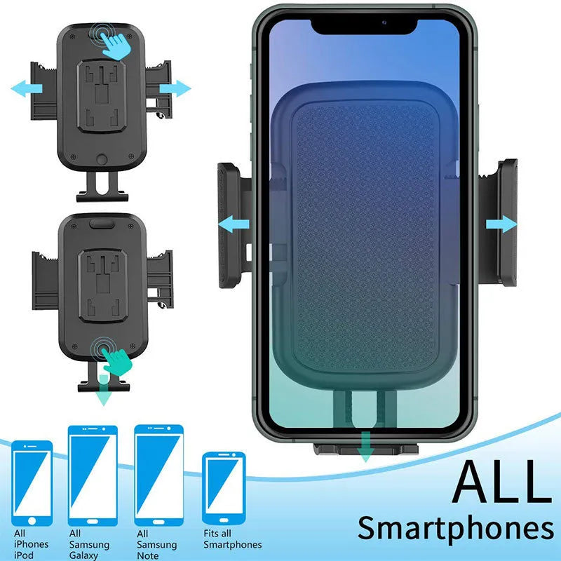 Black ABS car phone holder with 360-degree rotating head on a clip mount.