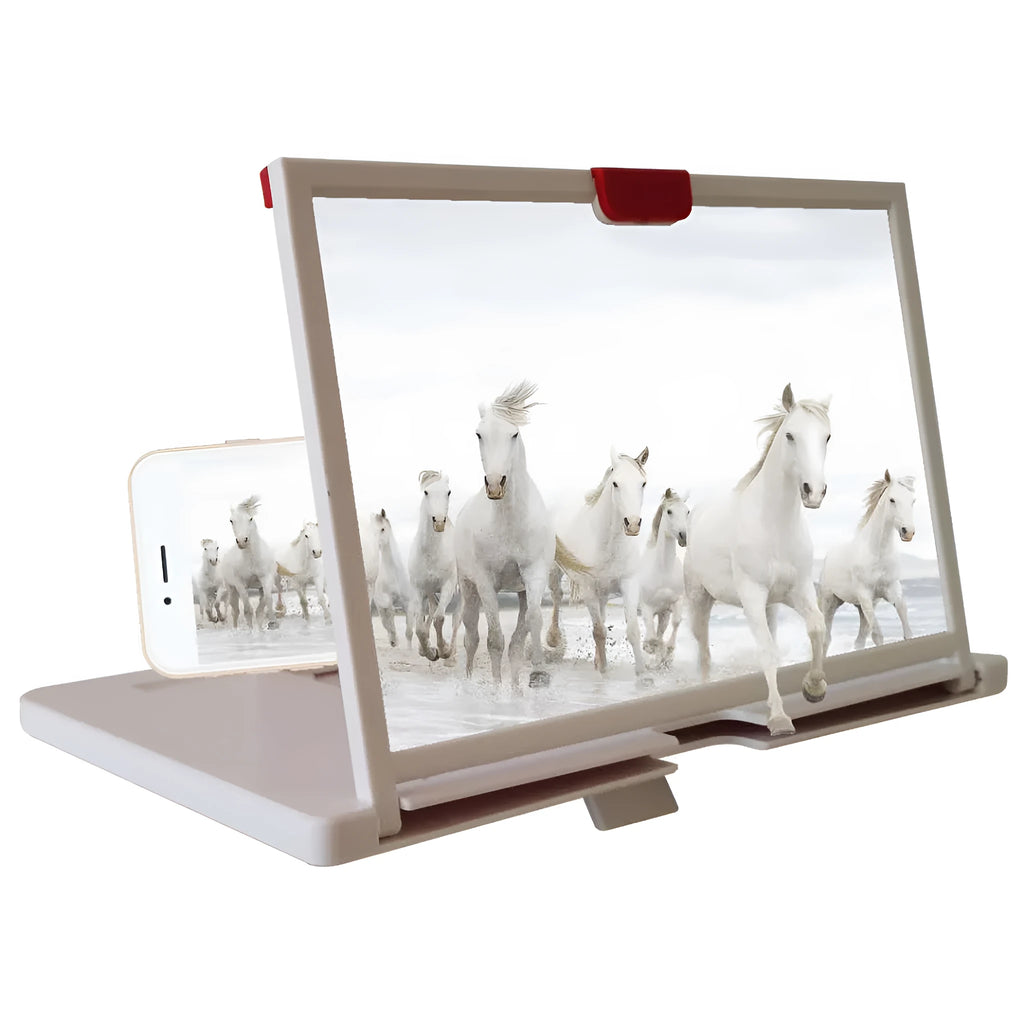 Red 10-inch desktop mobile phone screen magnifier and holder bracket on a wooden desk.