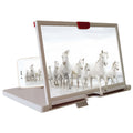 Red 10-inch desktop mobile phone screen magnifier and holder bracket on a wooden desk.
