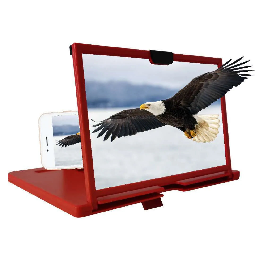 Black desktop mobile phone magnifier bracket with anti-blue light screen holding a smartphone.